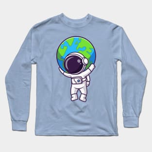 Cute Astronaut Bring Earth In Space Cartoon Long Sleeve T-Shirt